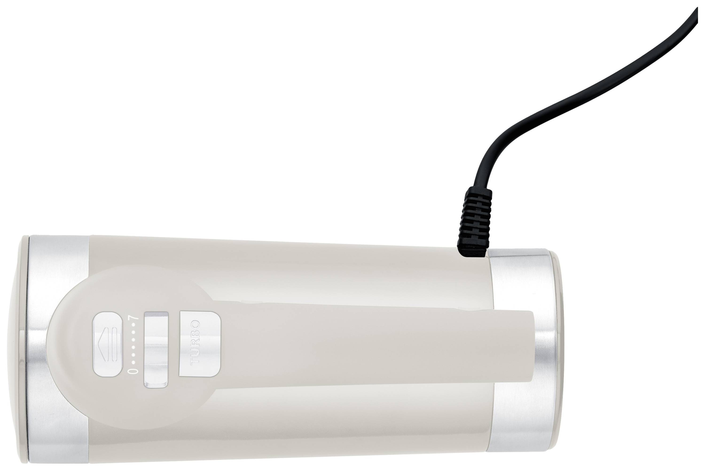 Un bollitore wireless in color crema, adagiato di lato con il cavo di alimentazione collegato.