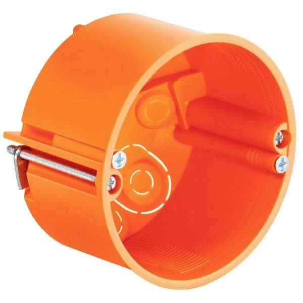 Scatola tonda arancione per incasso, con morsetti metallici per il fissaggio, utilizzata nelle pareti per l'installazione di prese elettriche o interruttori.