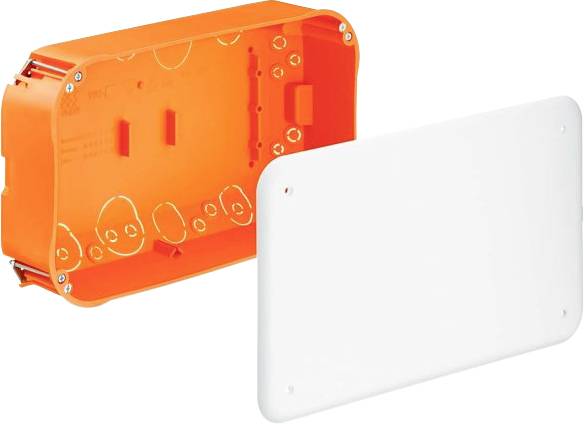 Scatola elettrica da incasso in arancione con coperchio bianco rimovibile, che mostra i fori per le viti e i passacavi.