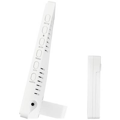 Un dispositivo elettronico bianco e sottile con diversi pulsanti sul lato, tra cui 'SET' e 'ALERTS', su uno sfondo bianco.