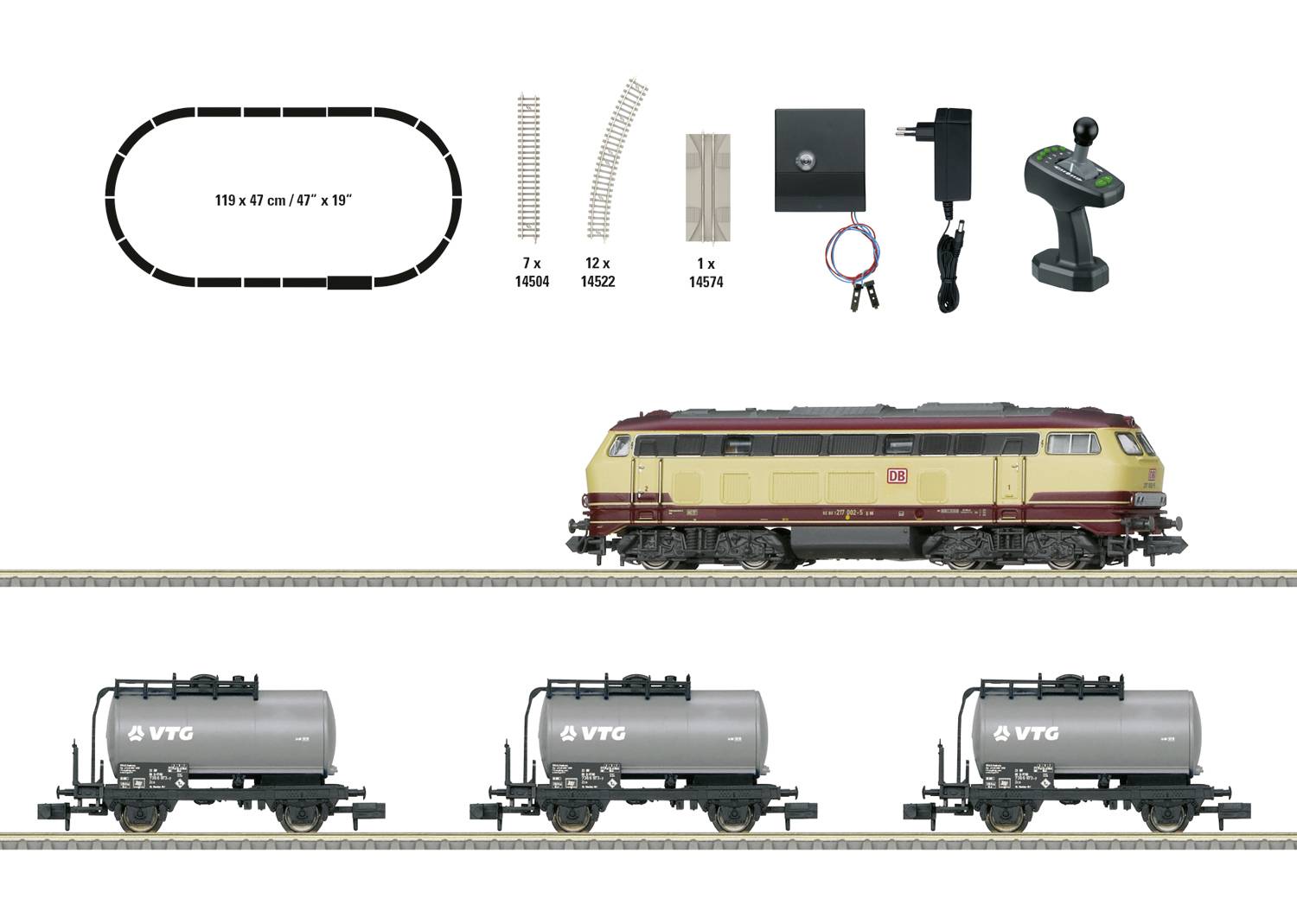 'Plastico ferroviario con circuito e binari, locomotiva e tre carri cisterna VTG, controllo e trasformatore.'
