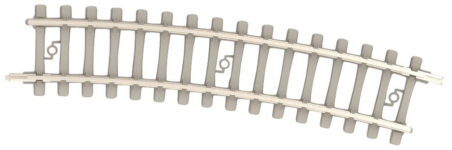 Binario ferroviario curvo in legno, scala per modellismo, con traverse distribuite uniformemente e sistema di rotaie argentato.