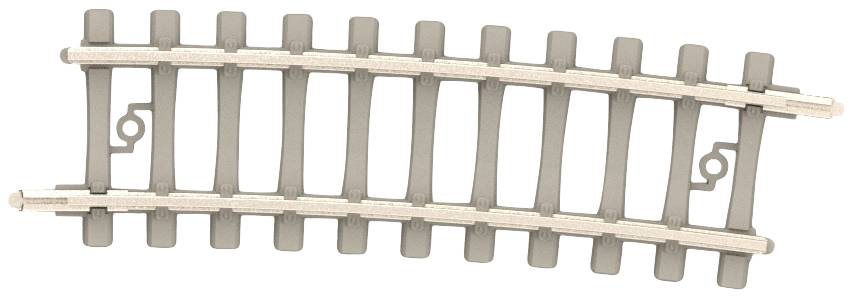 Una rotaia curva per plastico ferroviario, composta da traverse grigie e binari metallici. Ideale per set di modellismo ferroviario.