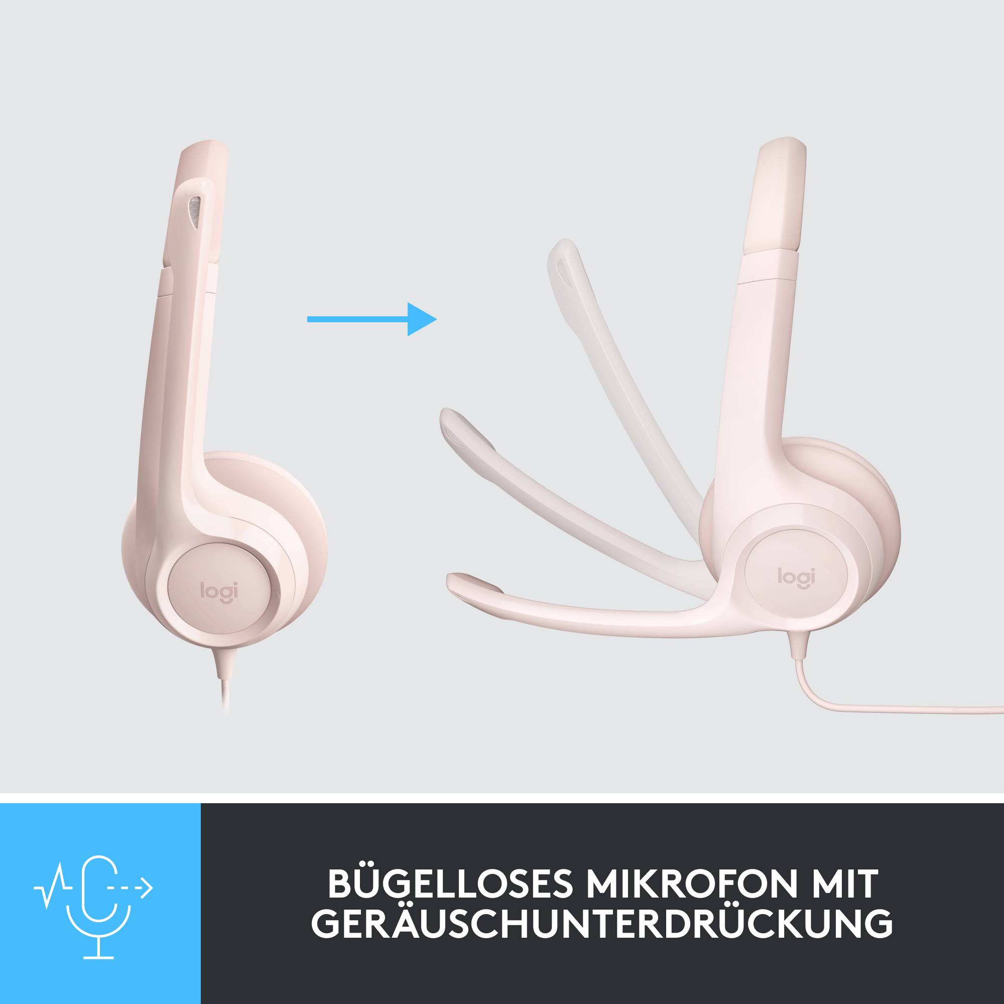 Cuffie rosa con braccio del microfono regolabile. Testo in basso: 'Microfono senza archetto con soppressione del rumore'.