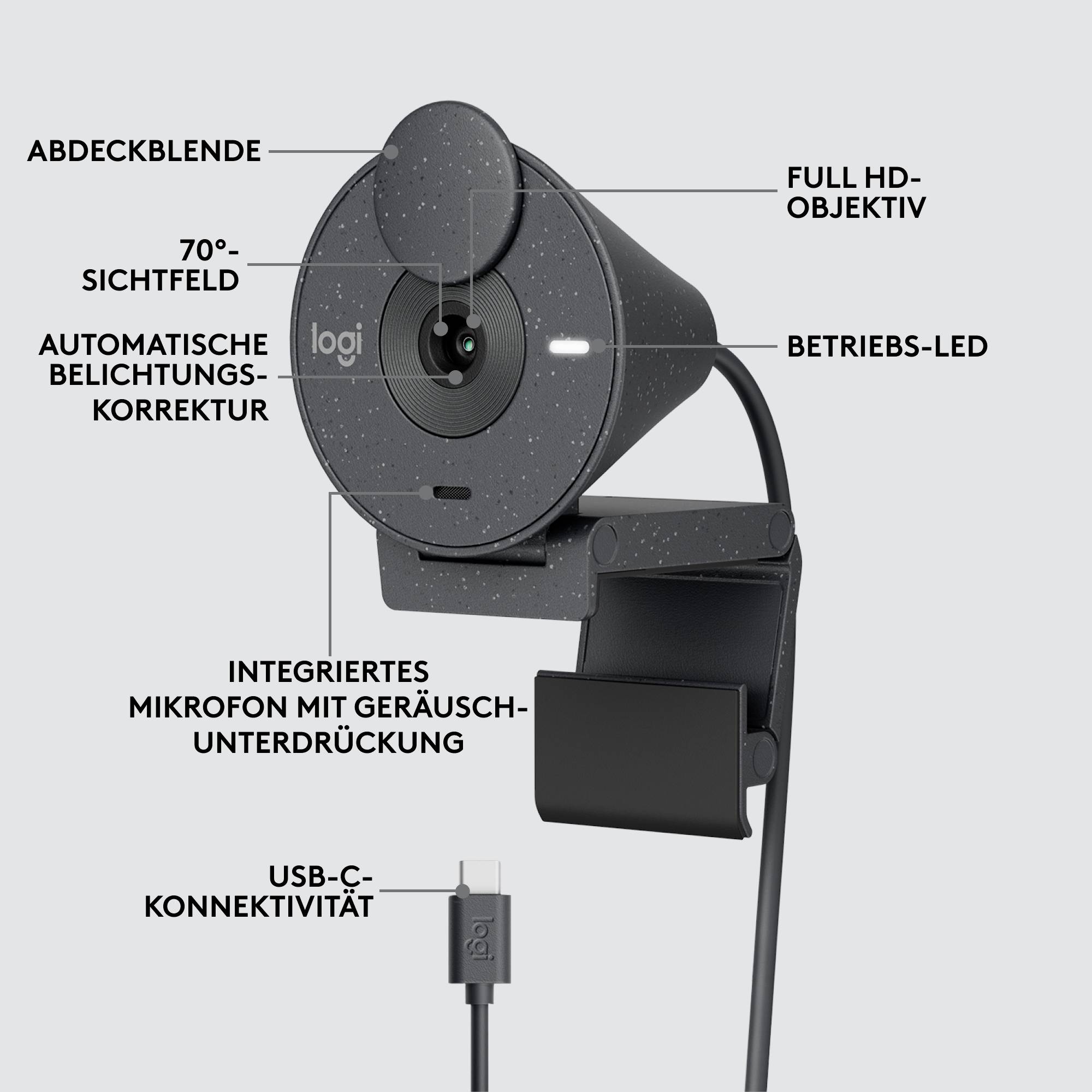 Webcam con microfono integrato, correzione automatica dell'esposizione, campo visivo di 70°, obiettivo Full HD e connettività USB.