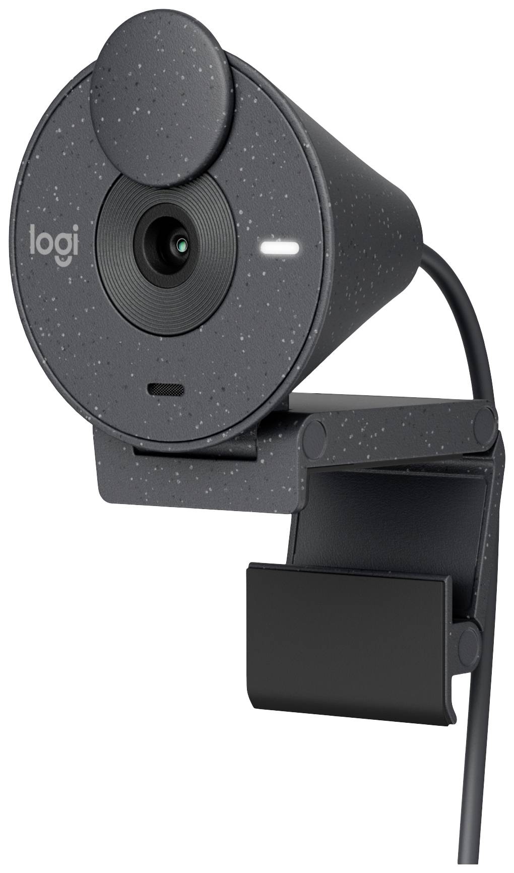 Webcam grigia con obiettivo circolare e microfono integrato, appesa a un monitor.