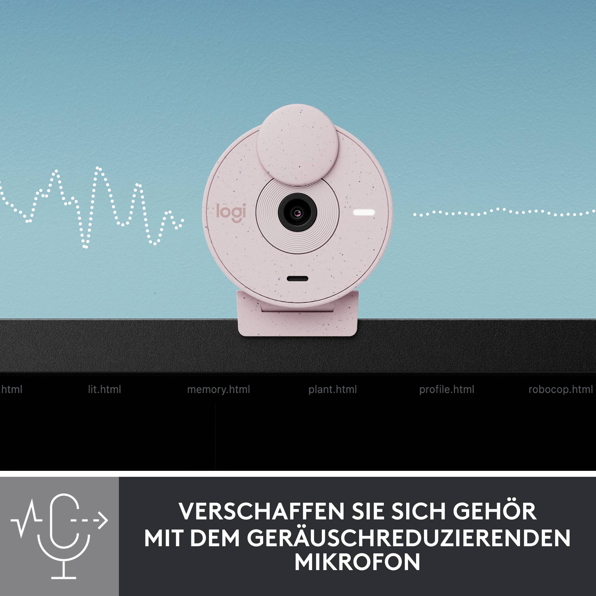 Una webcam rosa davanti a uno sfondo con onde sonore. Testo in basso: 'Fatevi sentire con il microfono a riduzione di rumore'.