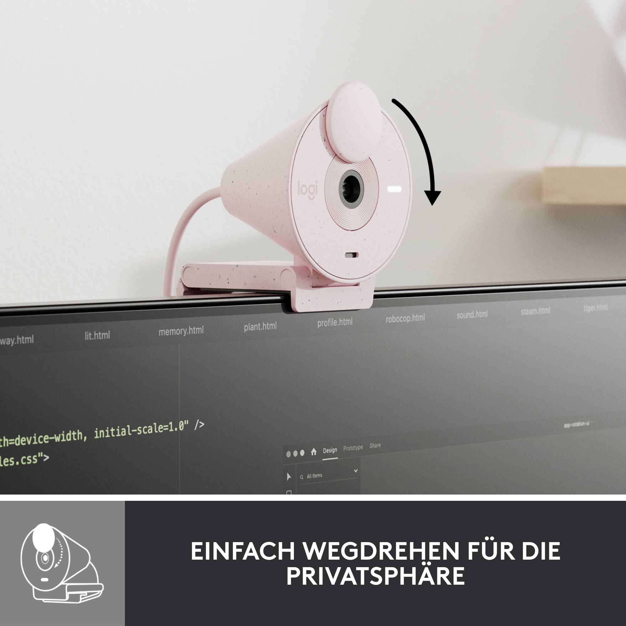 Una webcam in cima a uno schermo del computer; il testo recita 'Basta ruotare via per la privacy'.