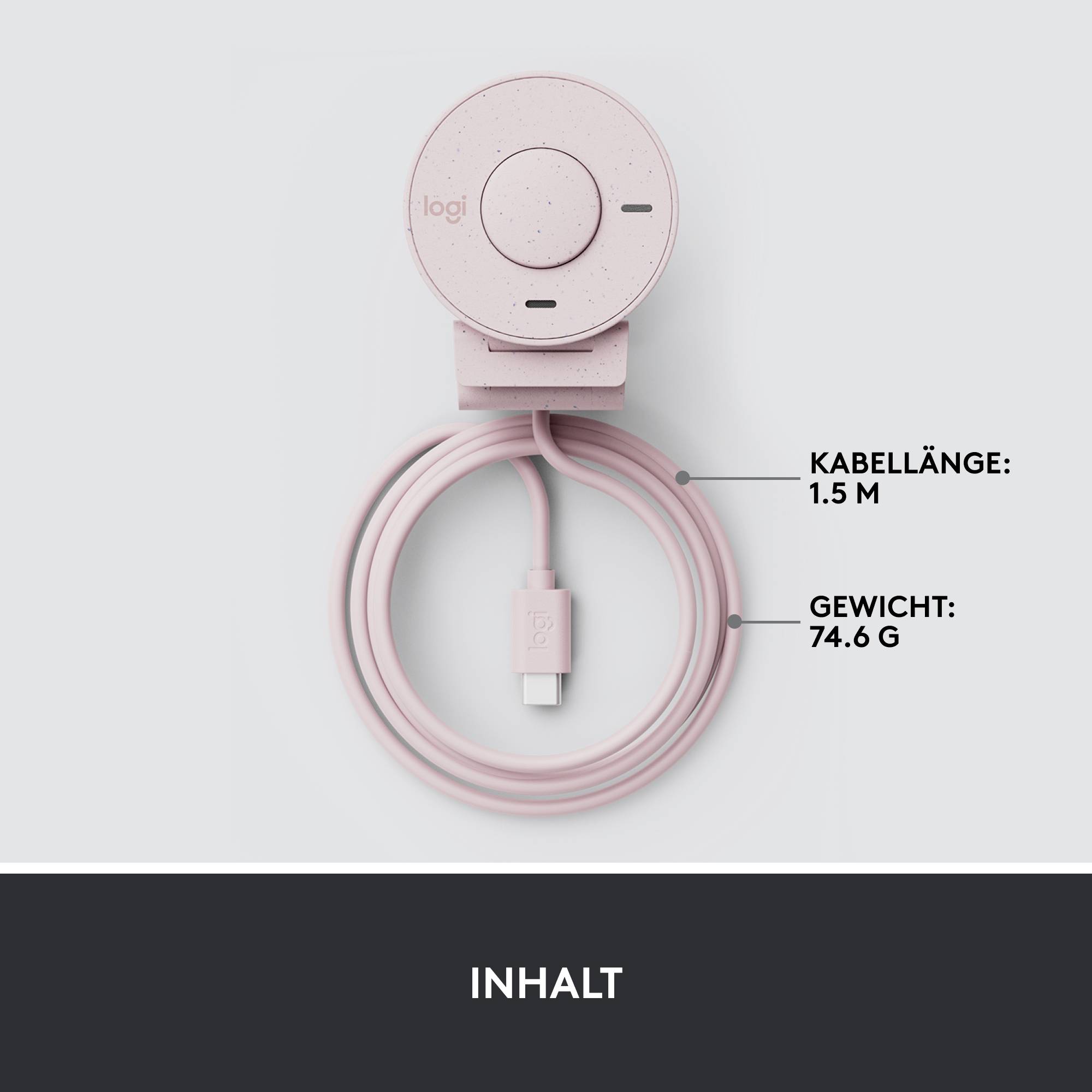 Una webcam rosa con cavo. Lunghezza del cavo: 1,5 m, Peso: 74,6 g.