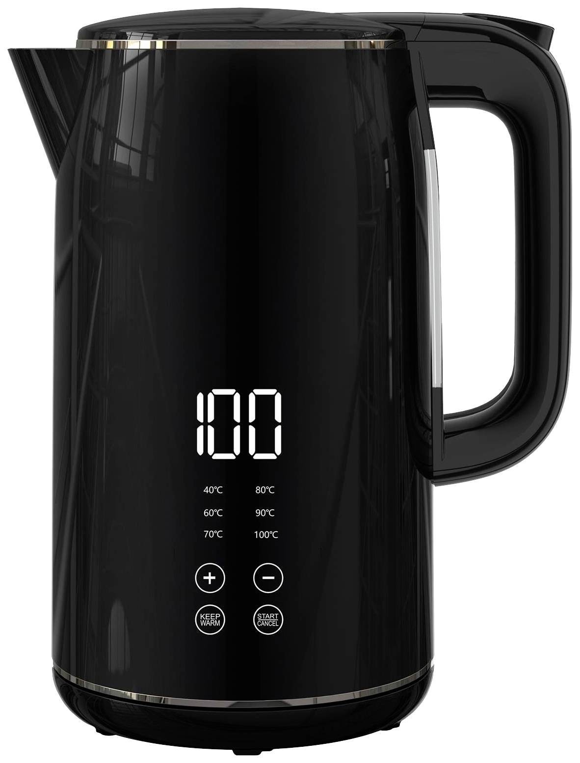 Un bollitore elettrico nero con display digitale della temperatura. Tasti per l'impostazione della temperatura: 40°C, 60°C, 70°C, 80°C, 90°C, 100°C.