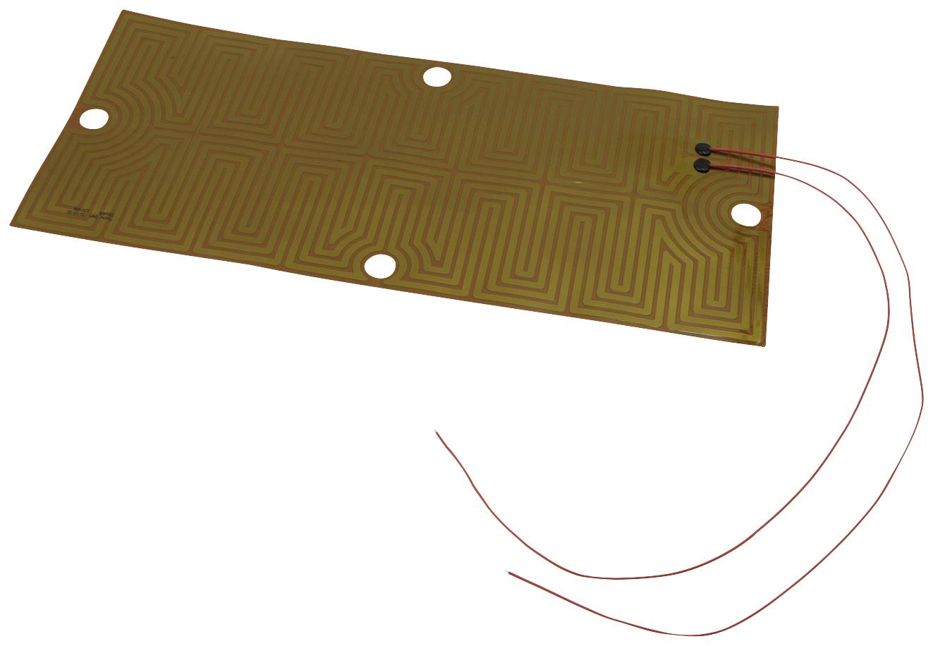 Pellicola riscaldante rettangolare con motivo a labirinto e due cavi per il collegamento. Utilizzata nei sistemi di riscaldamento elettronici.