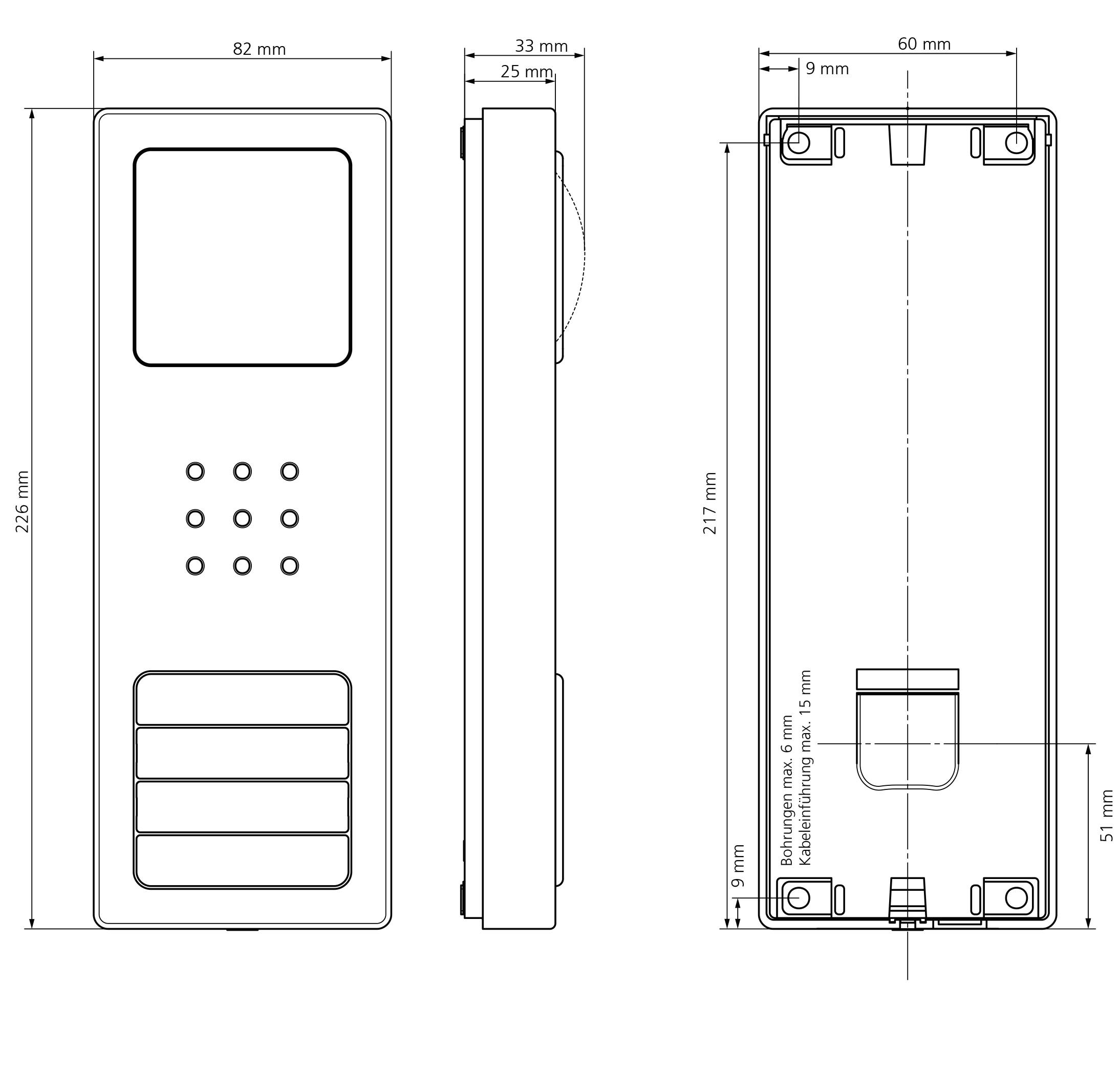 Disegno tecnico di un dispositivo elettronico con dimensioni: 236 mm di altezza, 82 mm di larghezza, 33 mm di profondità. Comprende pulsanti e connettori.