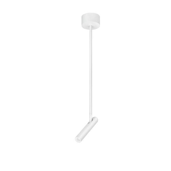 Una lampada a sospensione bianca, minimalista, con paralume cilindrico, appesa al soffitto.