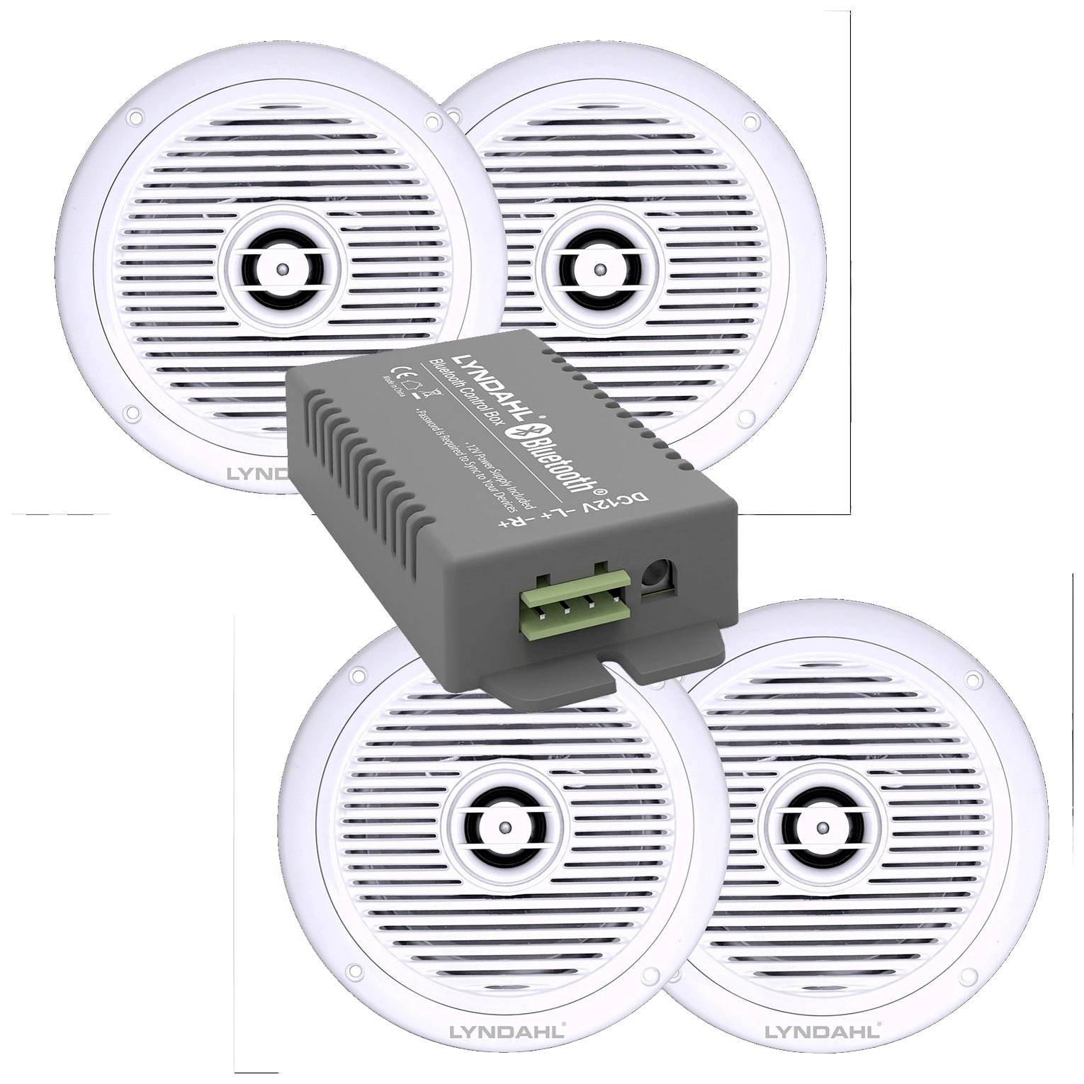 Set di altoparlanti composto da tre altoparlanti rotondi bianchi e un modulo Bluetooth rettangolare grigio. Il nome del marchio 'Lyndahl' è visibile.