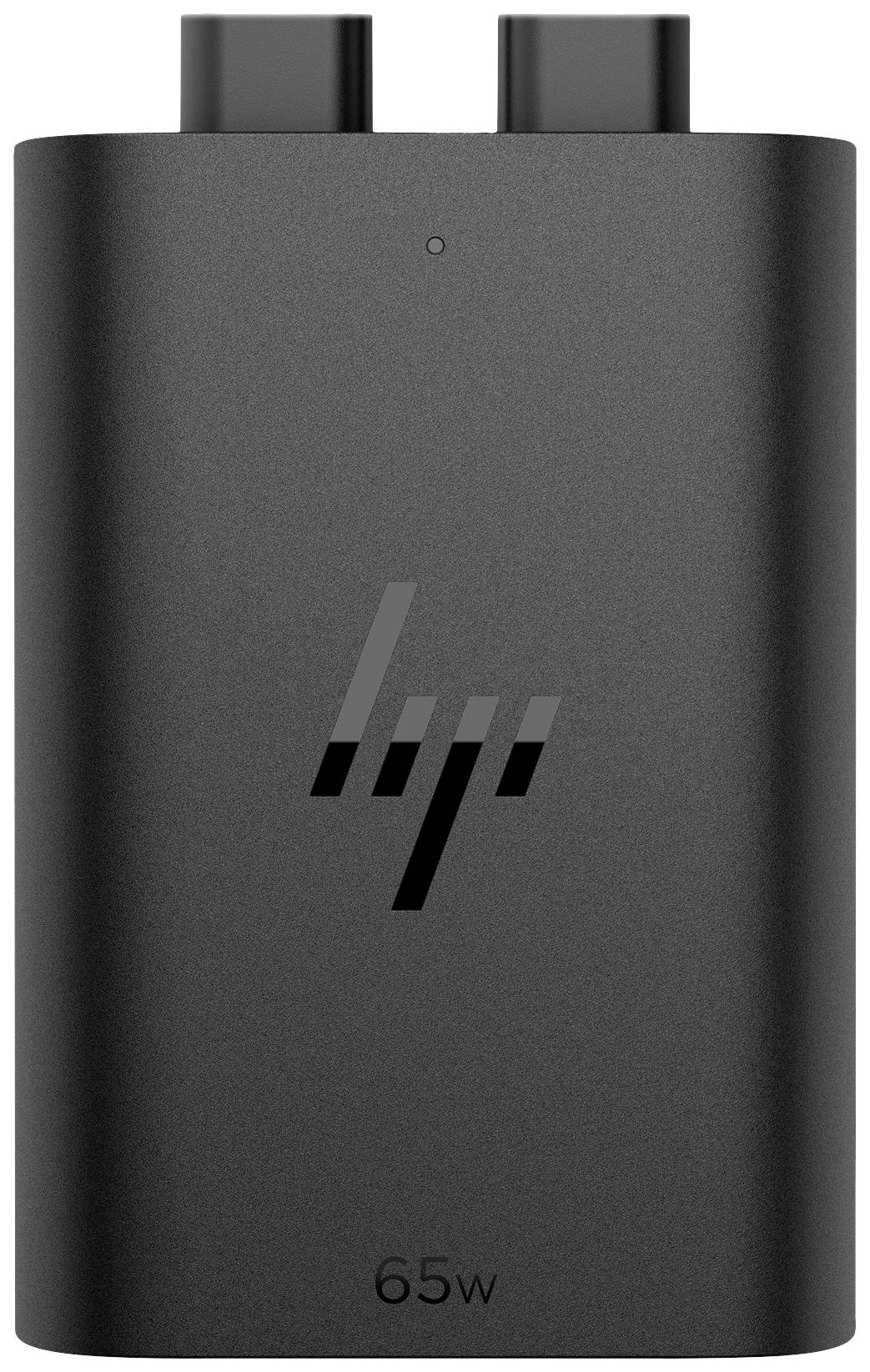 Un caricabatterie portatile nero con due uscite USB-C e un logo stampato. Testo '65w' e 'HP' (logo) visibili.