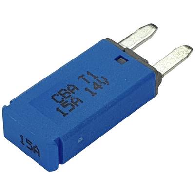 Fusibile piatto blu, rettangolare, con la scritta '15A 14V' sulla parte superiore e due attacchi metallici su un lato.