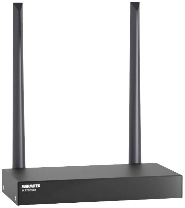 Un ricevitore nero 4K del marchio Marmitek con due antenne disposte verticalmente.