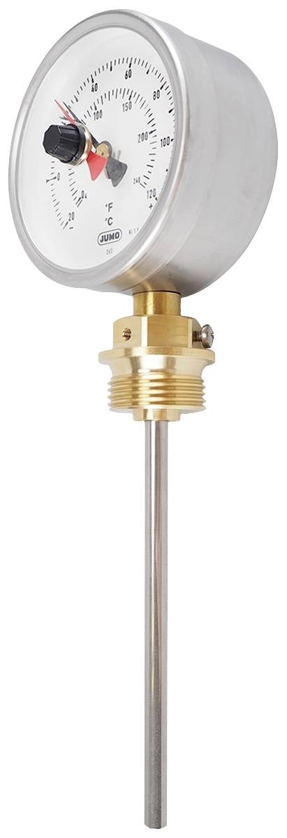 Termometro con un grande quadrante rotondo; indica le temperature in gradi Celsius. Involucro metallico con un lungo e sottile stelo.