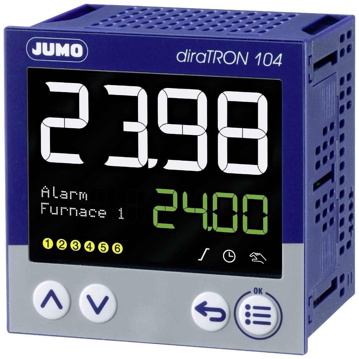 Regolatore digitale con display 'diraTRON 104', indica 23,98°C e stato di allarme 'Forno 1'. Tasti per il controllo e la configurazione.