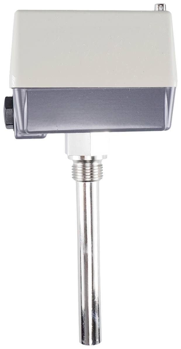 Un sensore di temperatura con involucro rettangolare e sonda metallica lunga, adatto per misurazioni precise in applicazioni industriali.