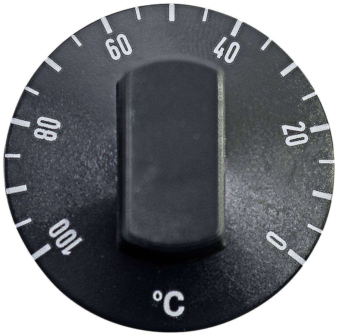 Manopola rotante con indicazione della temperatura da 0 a 100 gradi Celsius. Il cursore è impostato su 50 gradi.