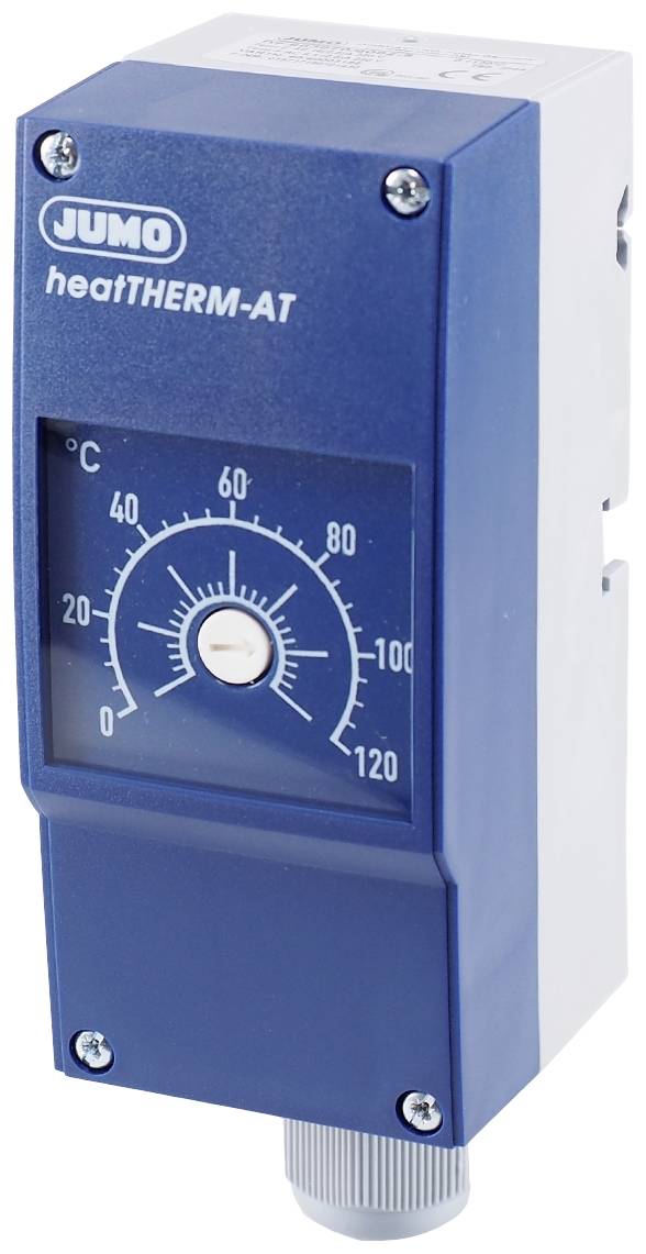 Un dispositivo di misurazione della temperatura JUMO heatTHERM-AT blu con scala da 0°C a 120°C, che indica circa 80°C.