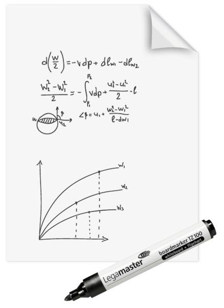 L'immagine mostra un foglio di carta con formule matematiche, schizzi e diagrammi. Sotto di esso c'è una penna nera Legamaster.