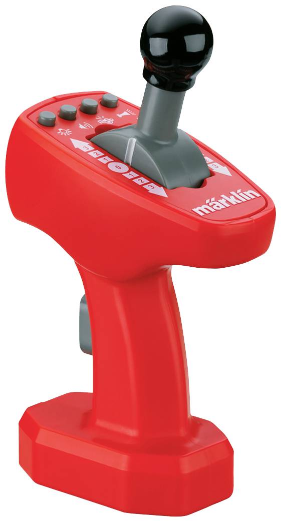 Regolatore rosso manuale con diversi tasti e un joystick nero, utilizzato per controllare modellini di treni.