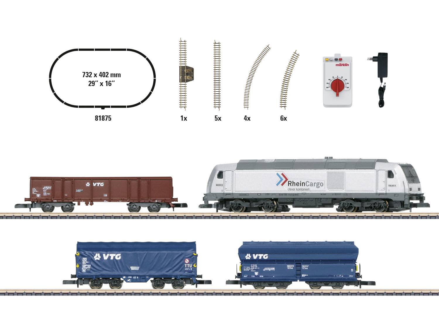 Plastico ferroviario con binario ovale, due carri merci, una locomotiva e accessori. Locomotiva con logo 'RheinCargo'.