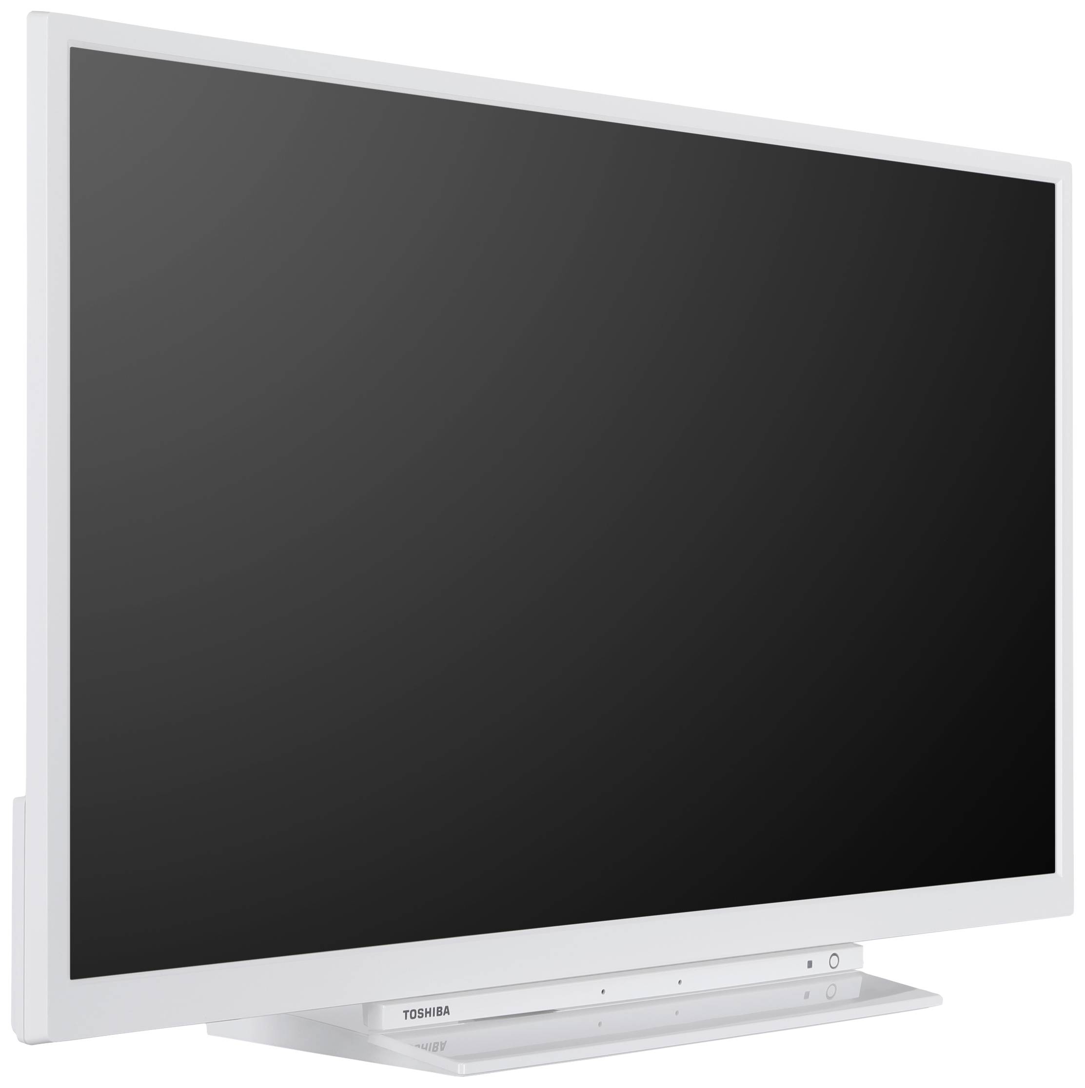 Un televisore a schermo piatto con cornice bianca. Schermo nero, nessuna immagine visibile.