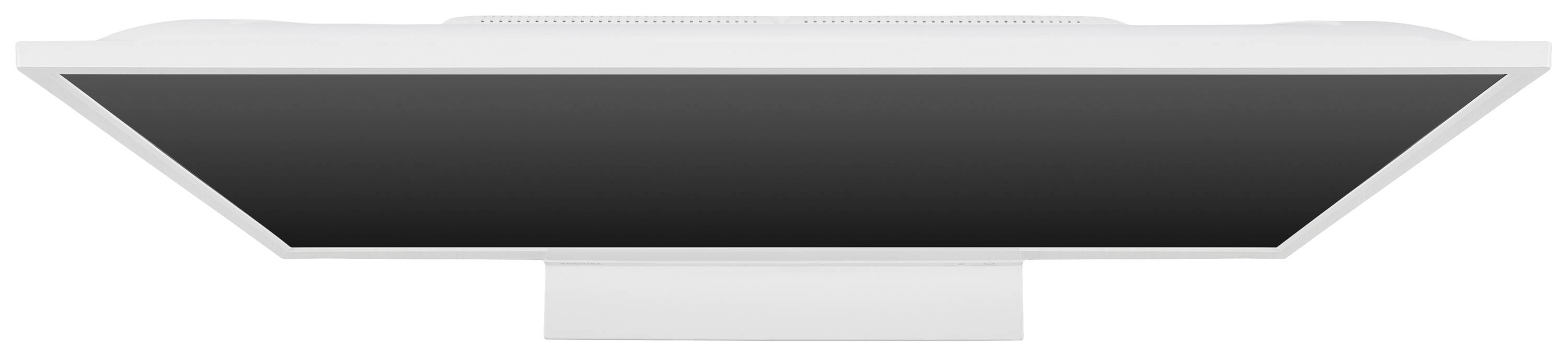 Un monitor di un computer visto dal basso, con una cornice bianca e un display nero.