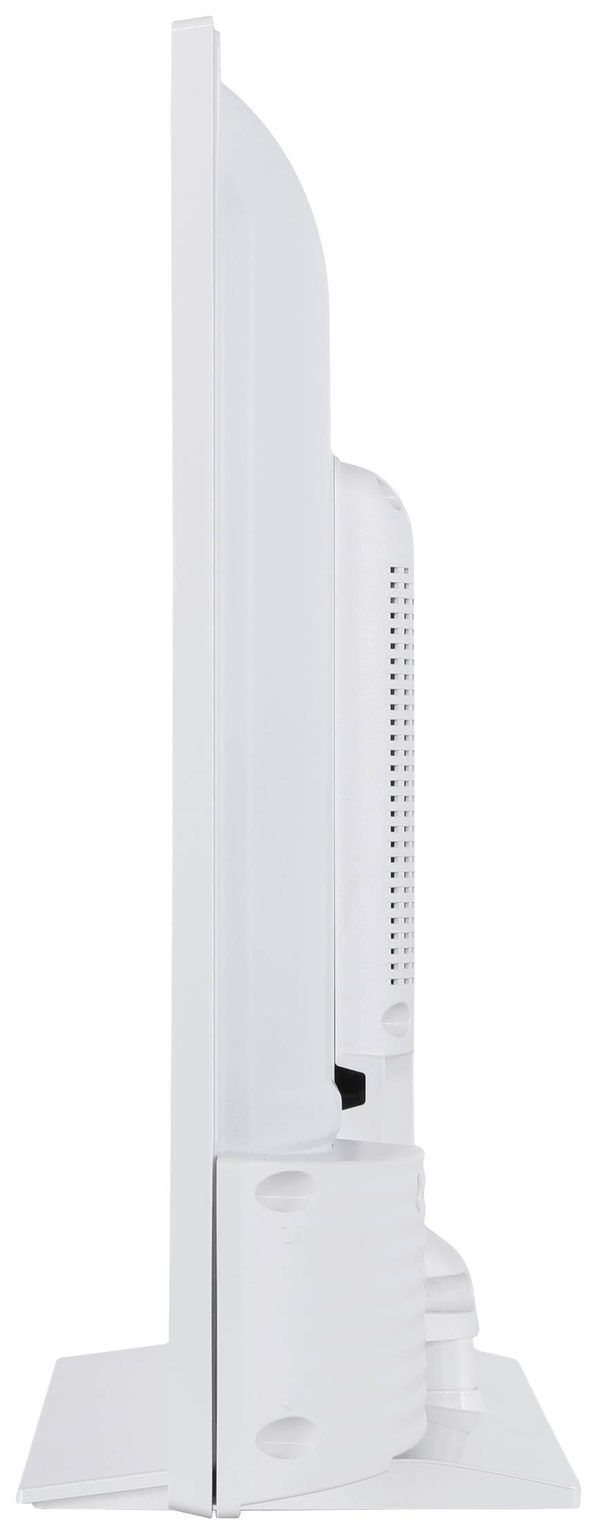 Vista laterale di un monitor piatto moderno e sottile di colore bianco. Lo schermo è sottile, con un supporto robusto.