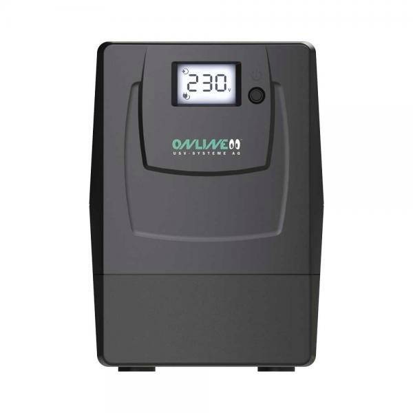 Alimentazione elettrica nera con interruttore e display digitale che mostra '230 V', sotto il logo del marchio.