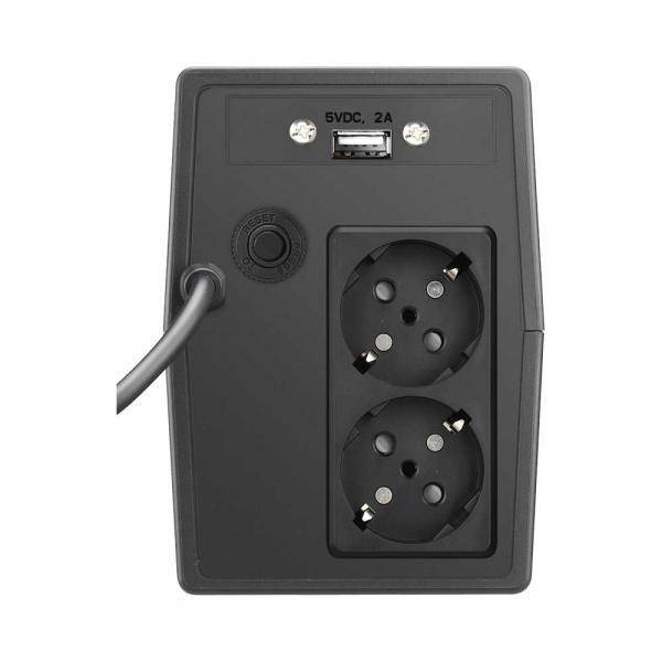 Dispositivo nero con due prese elettriche da 230V e una porta USB in alto, contrassegnata con '5VDC, 2A'.