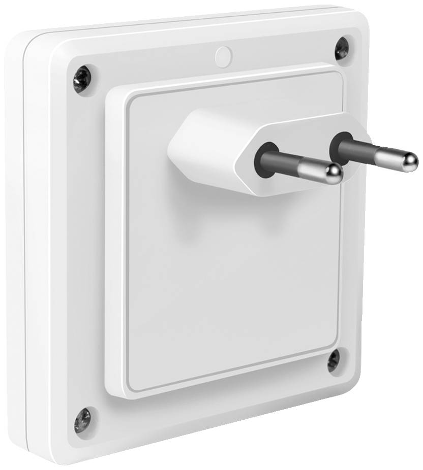 Presa elettrica bianca a muro con spina inserita, vista laterale, che mostra il tipico design elettrico europeo.