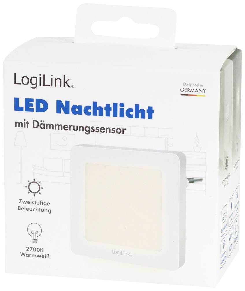 La confezione di una luce notturna a LED di LogiLink con sensore crepuscolare, illuminazione a due livelli e colore della luce bianco caldo 2700K.