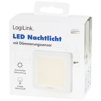 La confezione di una luce notturna a LED di LogiLink con sensore crepuscolare, illuminazione a due livelli e colore della luce bianco caldo 2700K.