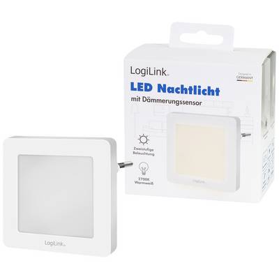 'Luce notturna di LogiLink con sensore crepuscolare, illuminazione a due livelli, luce calda 2700K, come illustrata nella confezione.'