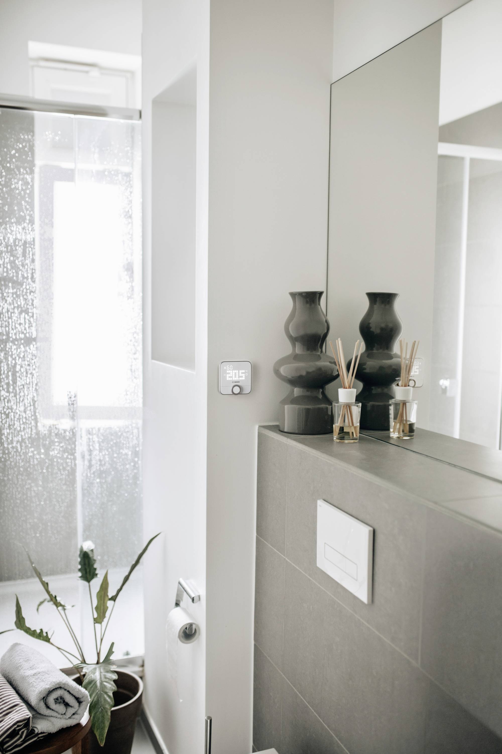 Bagno moderno con cabina doccia, una pianta in vaso e due vasi scuri su uno scaffale accanto a un interruttore della luce.