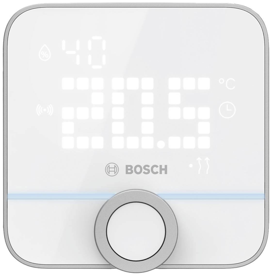 Un termostato digitale mostra '40' nell'angolo in alto a sinistra e '20.5 °C' al centro. Logo Bosch in basso.