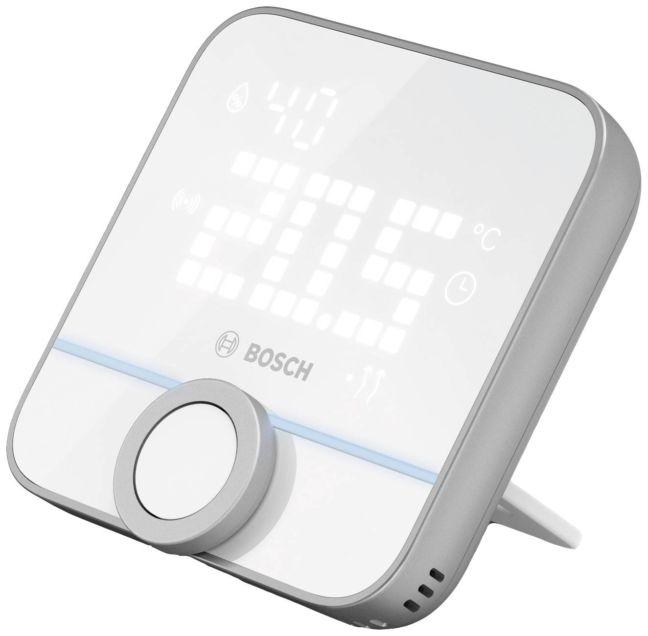 Un termostato digitale Bosch mostra 20,5°C, con un grande manopola di regolazione al centro per impostare la temperatura.