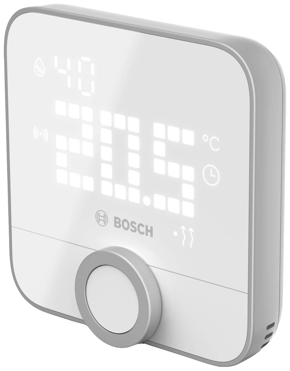 Un termostato digitale Bosch mostra una temperatura di 20,5 °C. In alto a sinistra è visibile un segnale di ricezione Wi-Fi.