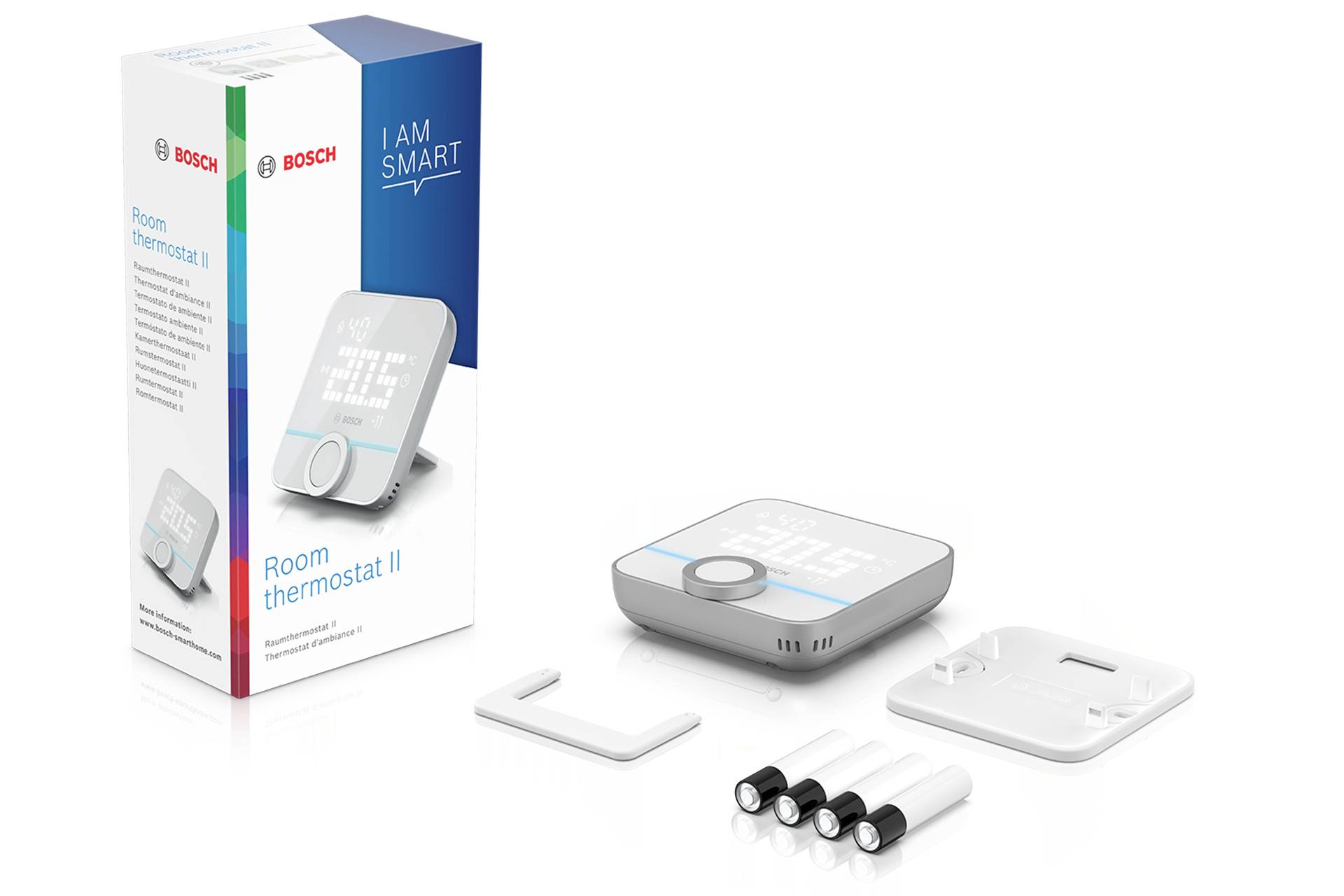Termostato ambiente Bosch II con confezione, termostato, batterie e materiale di fissaggio. La caratteristica principale è il display digitale.