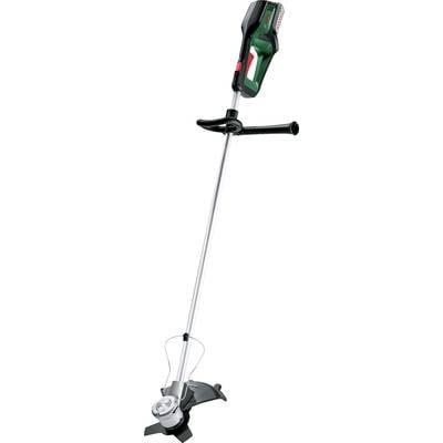 Tagliabordi a batteria con impugnatura verde e nera, asta in metallo e testina di taglio a doppia lama, idoneo per tagliare erba e infestanti.