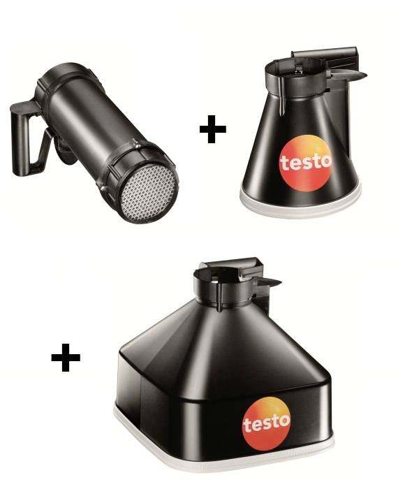 Una foto mostra due dispositivi neri del produttore 'testo', a sinistra uno strumento di misurazione e a destra un accessorio conico, con un ulteriore accessorio sotto.