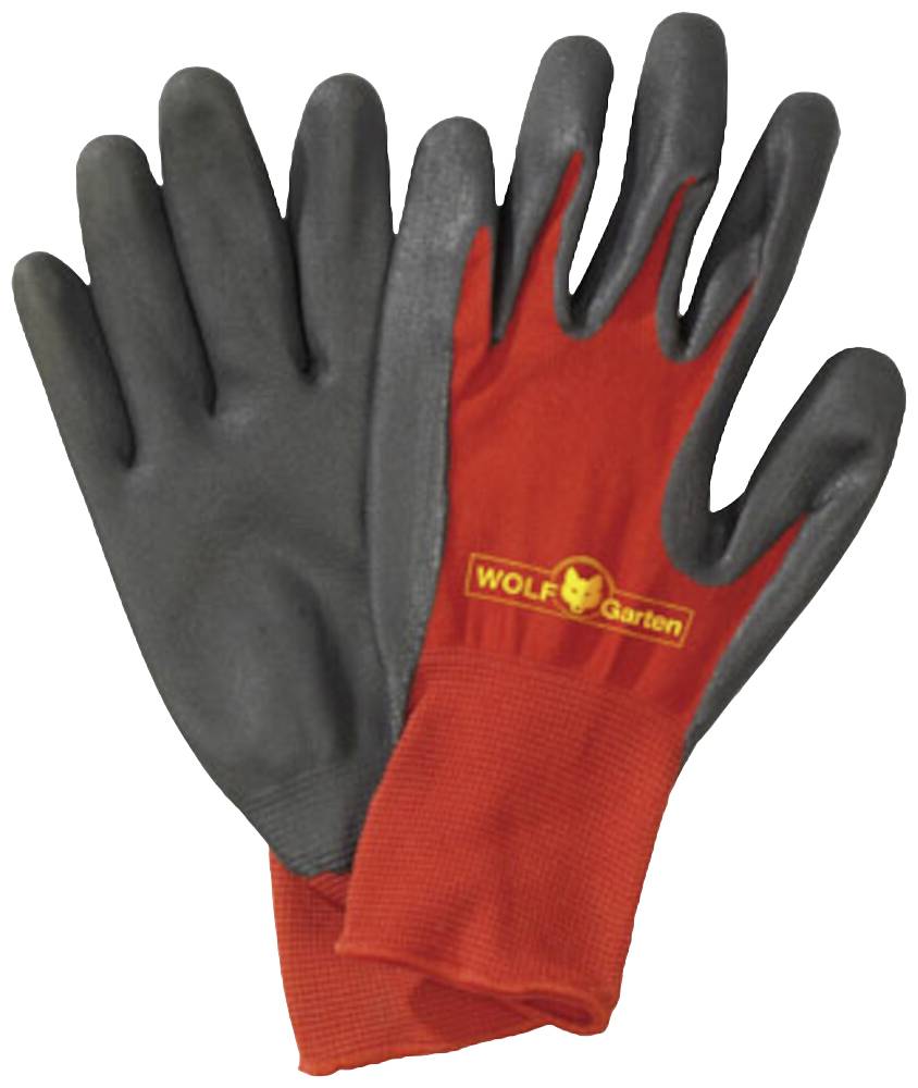 Guanti da giardino rossi e neri con la scritta 'WOLF-Garten'. Sono progettati per la protezione durante i lavori in giardino.