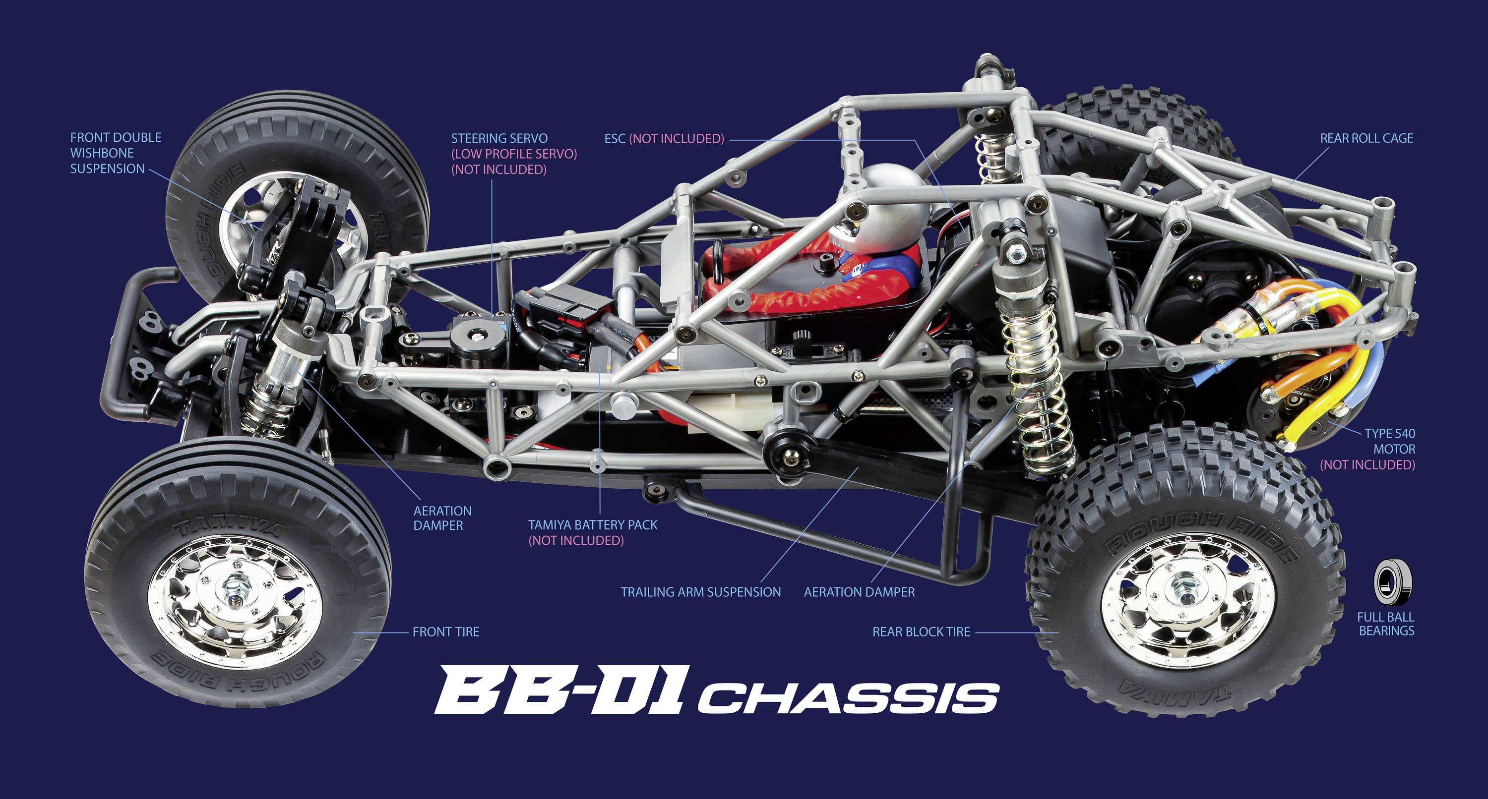 Modello Telaio RC-Auto BB-01, che mostra componenti dettagliati come sospensione, ammortizzatori e albero di trasmissione su sfondo blu scuro.