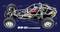 Modello Telaio RC-Auto BB-01, che mostra componenti dettagliati come sospensione, ammortizzatori e albero di trasmissione su sfondo blu scuro.
