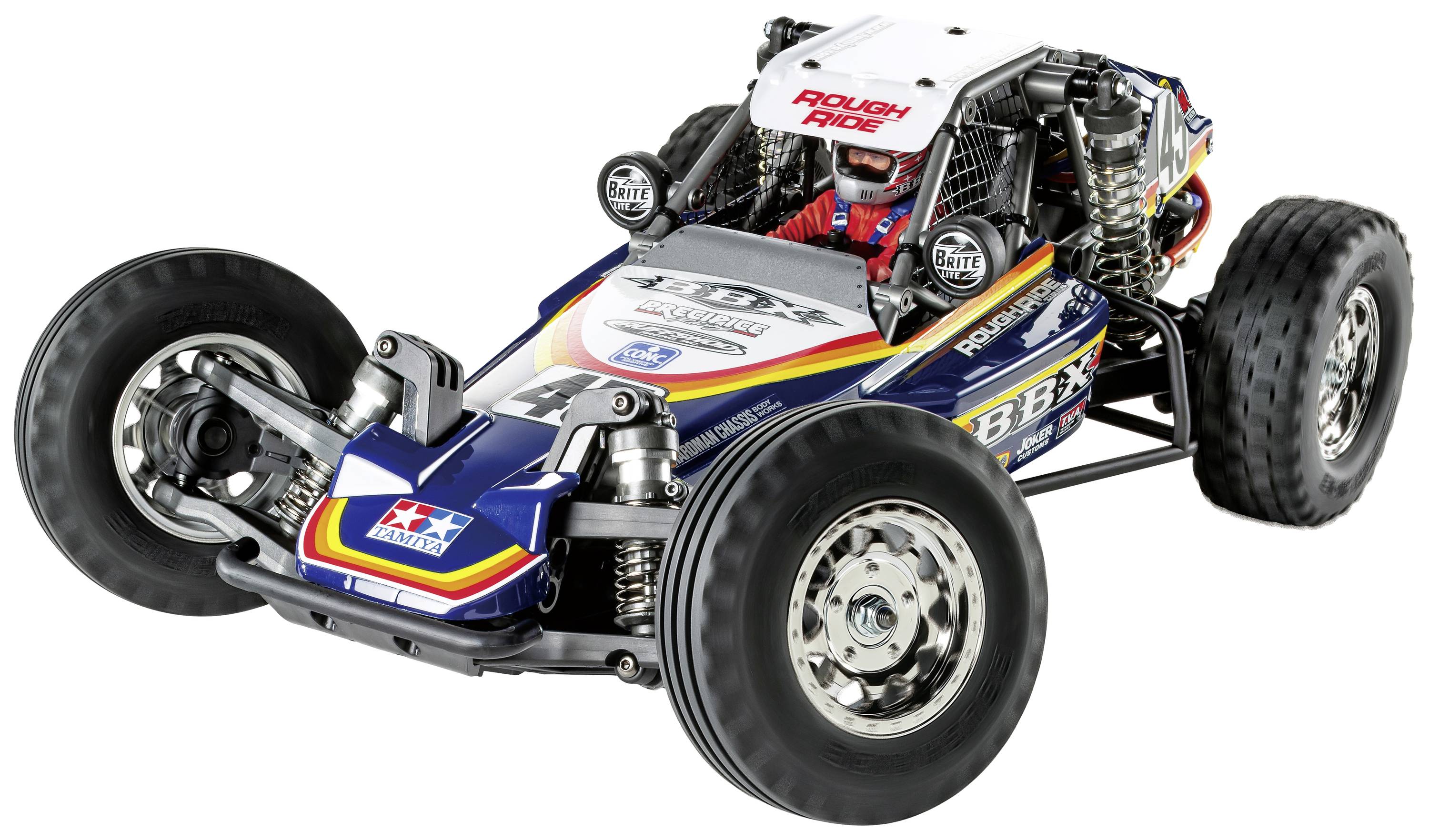 RC-Auto con pilota, verniciatura blu e bianca e adesivi di 'Rough Rider' e 'Bite.' Design giocoso.