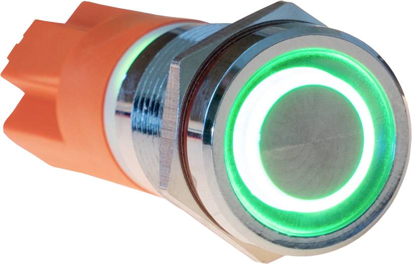 Bottone interruttore arancione con anello luminoso verde, che indica che l'interruttore è attivo.